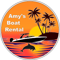 Logo with rental boat, sunset, dolphin and beach - Amy's Boat Rental Cape Coral Florida