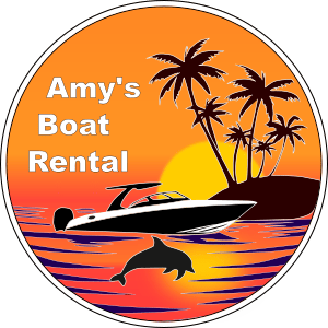 Logo with rental boat, sunset, dolphin and beach - Amy's Boat Rental Cape Coral Florida