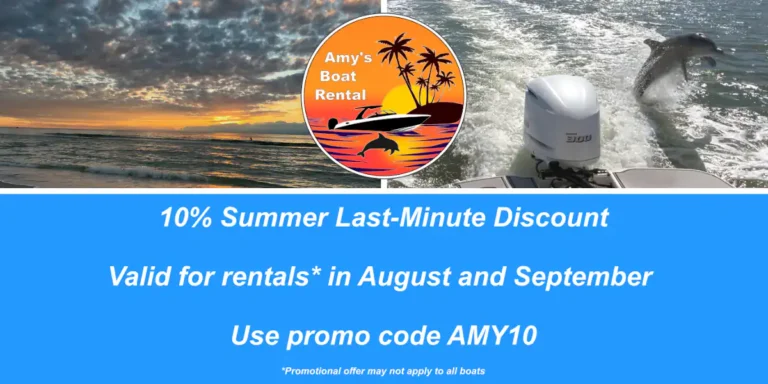 Discount logo with rental boat, sunset, dolphin and beach - Amy's Boat Rental Cape Coral Florida