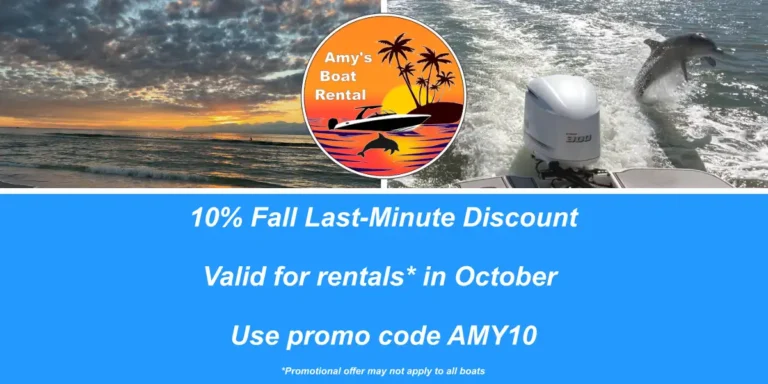 Discount Logo mit Mietboot, Sonnenuntergang, Delfin und Strand - Amy's Boat Rental Cape Coral Florida